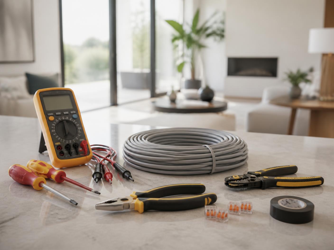 Electrical testing equipment, tools and cable laid out neatly on a workbench