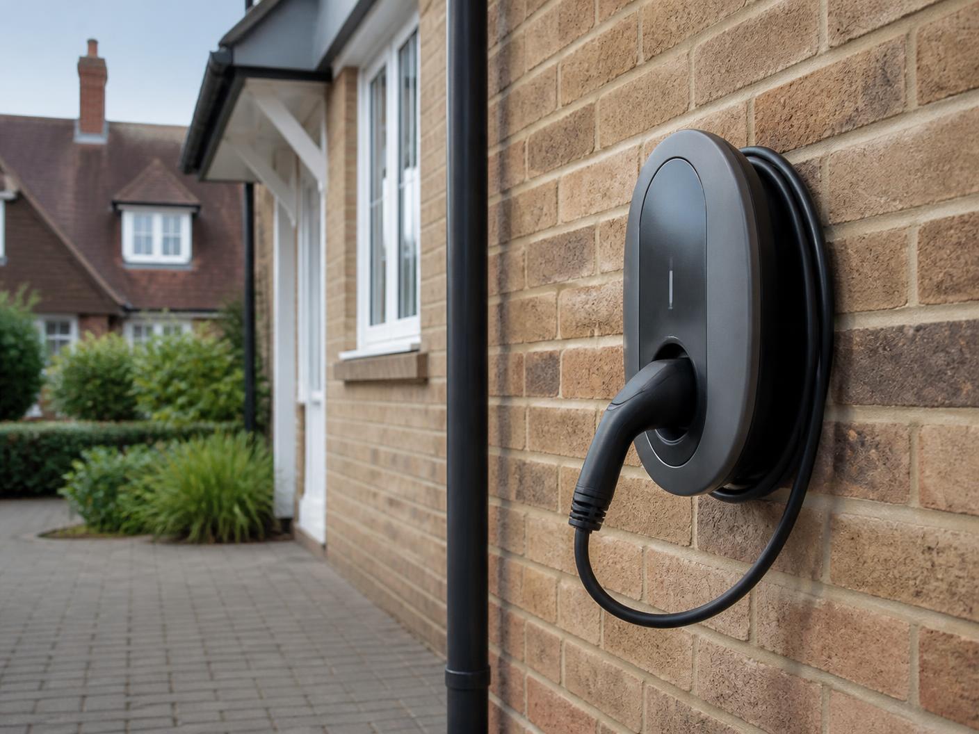 EV charge point installed on the exterior wall of a suburban home