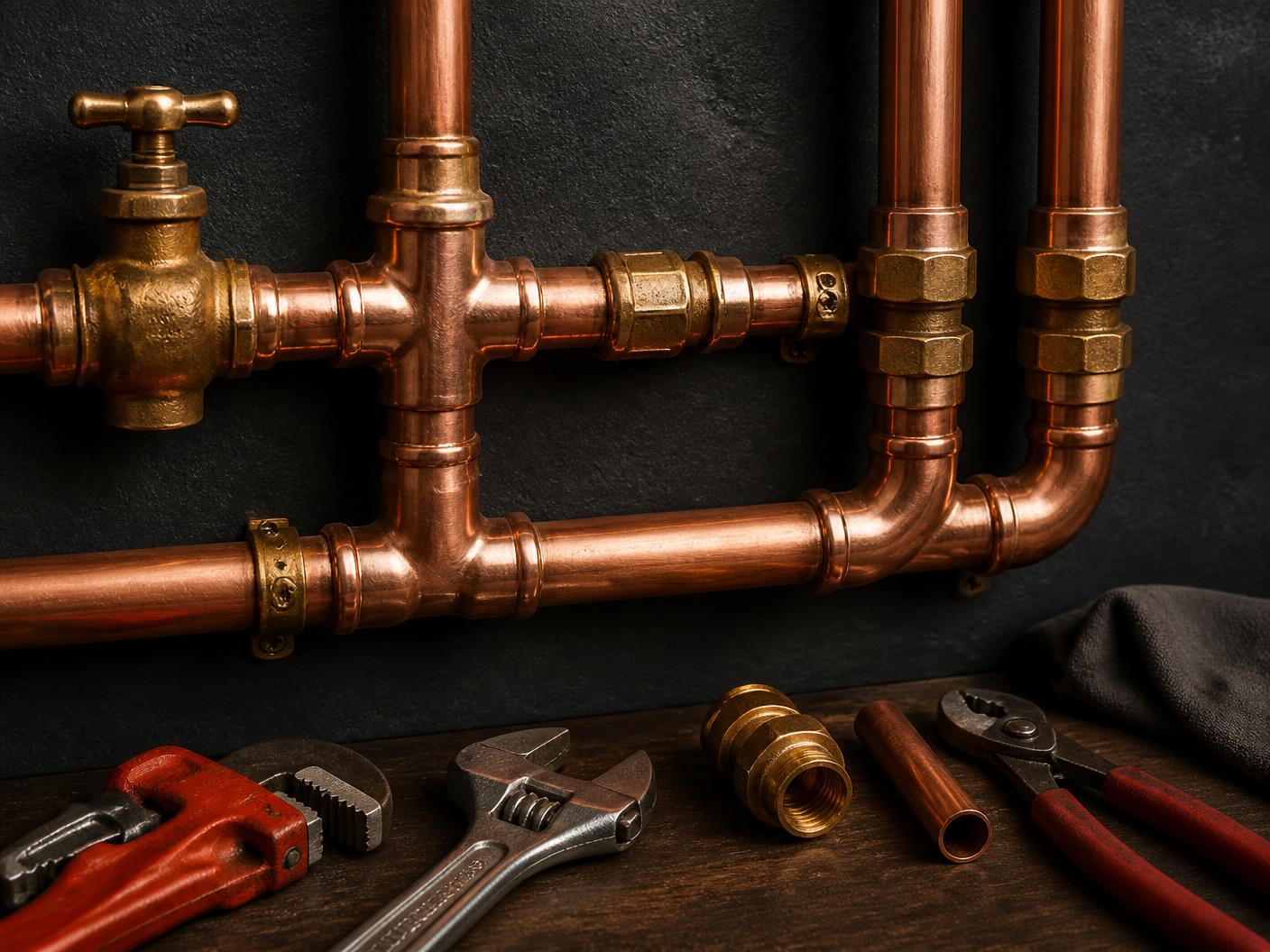 Copper pipework, brass fittings and plumbing hand tools laid out on a workbench