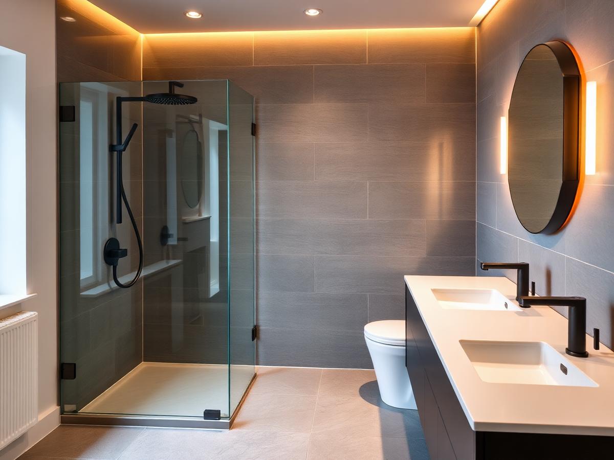 Contemporary bathroom with matte black tapware and a walk-in shower