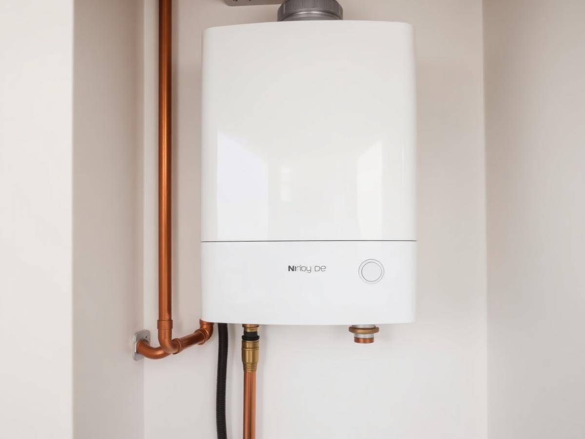 Wall-mounted combi boiler installed with neat copper pipework in a utility cupboard