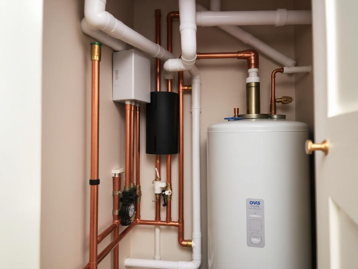 Hot water cylinder and insulated central heating pipework in an airing cupboard