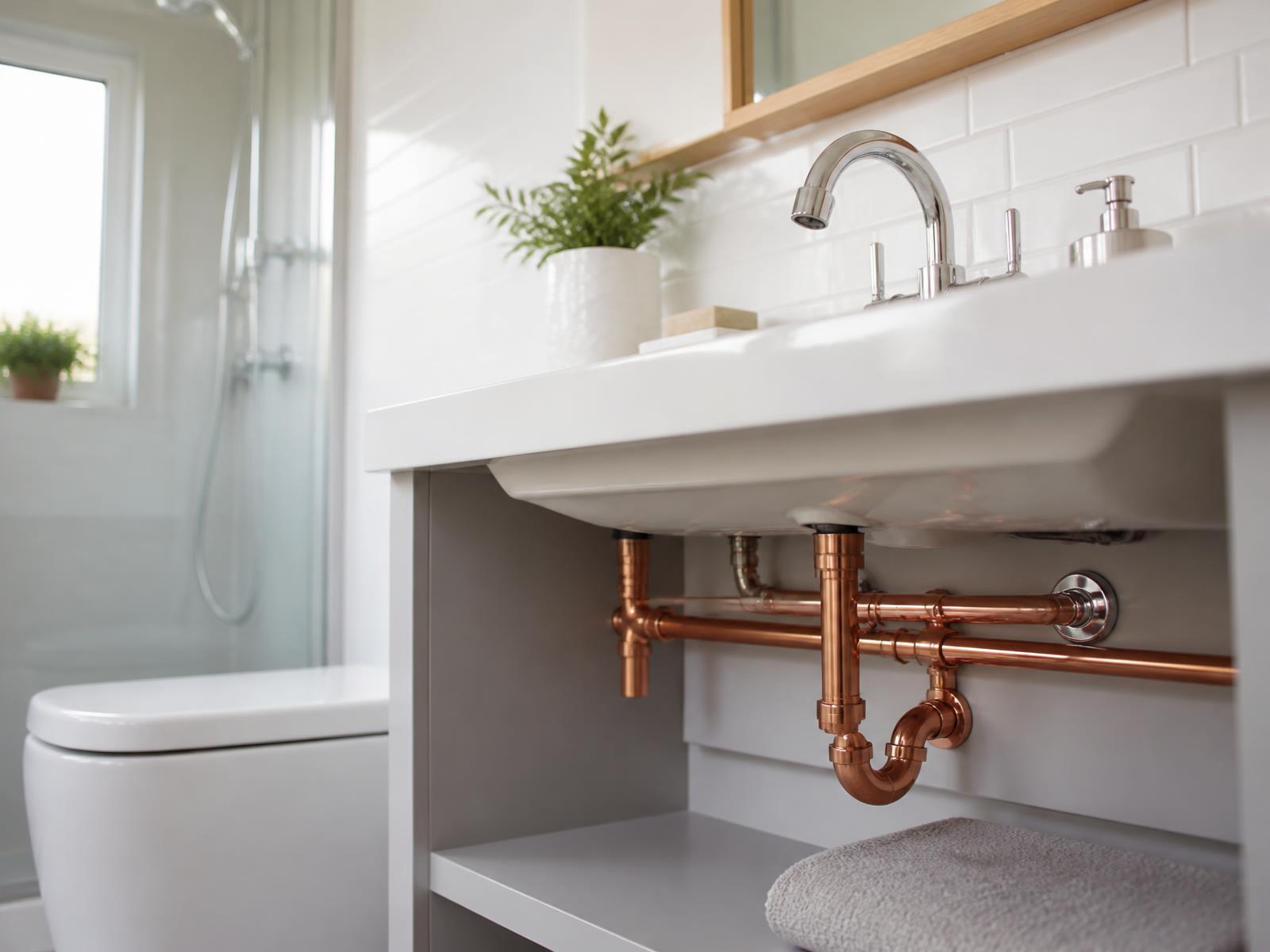 Copper pipework beneath a newly installed bathroom basin with chrome tap