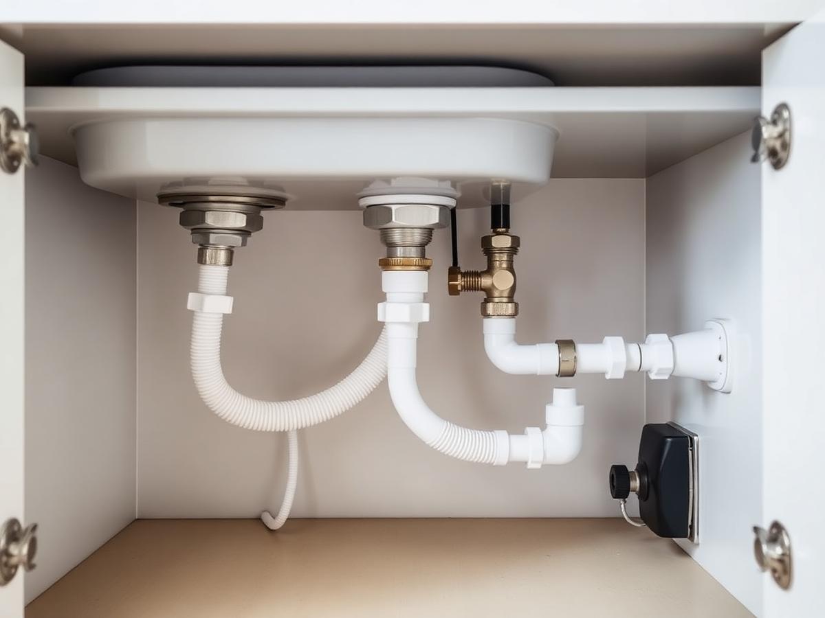 Neatly connected waste pipes and isolation valves beneath a kitchen sink