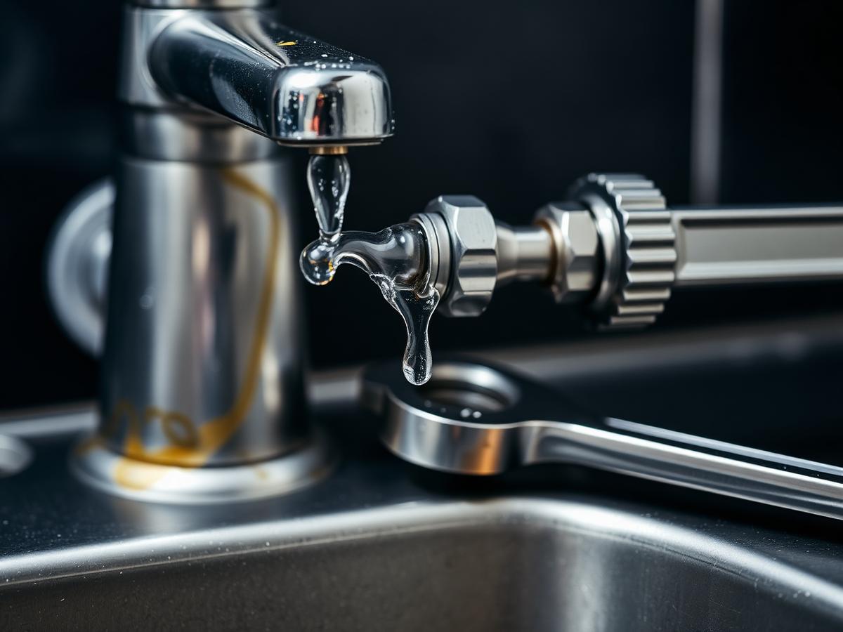 Close-up of a dripping chrome tap with a spanner resting on the sink