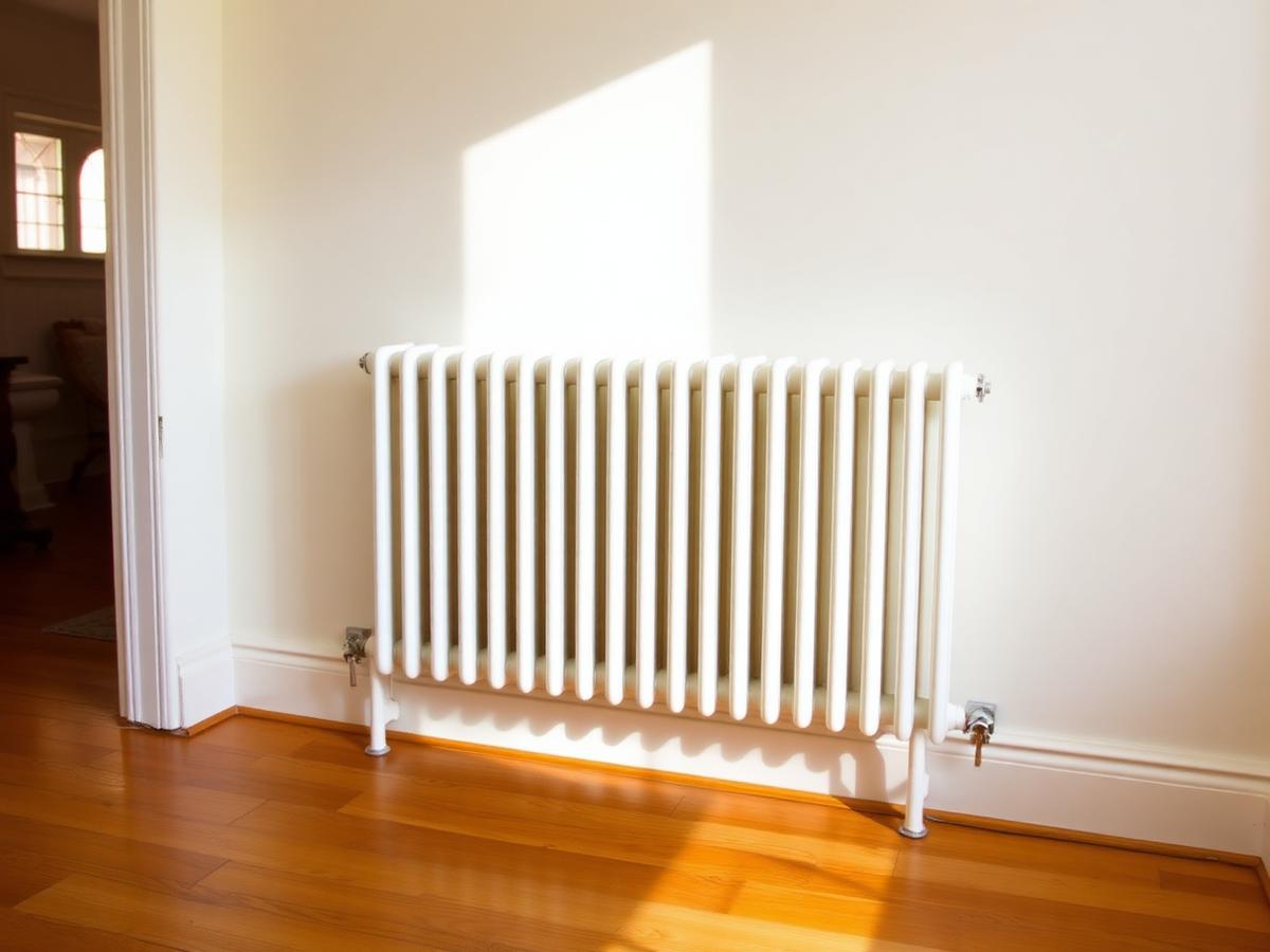White column radiator installed on a pale wall above a wooden floor