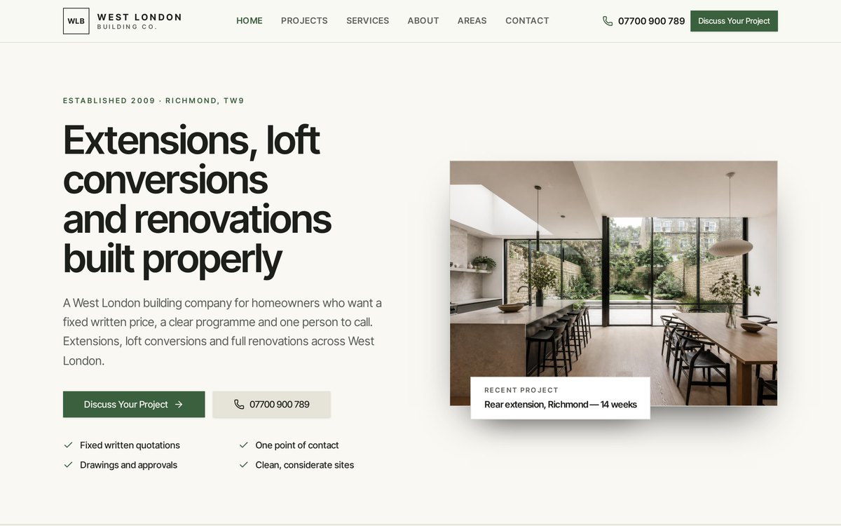Preview of the West London Building Co. demo website built by Jobsmith