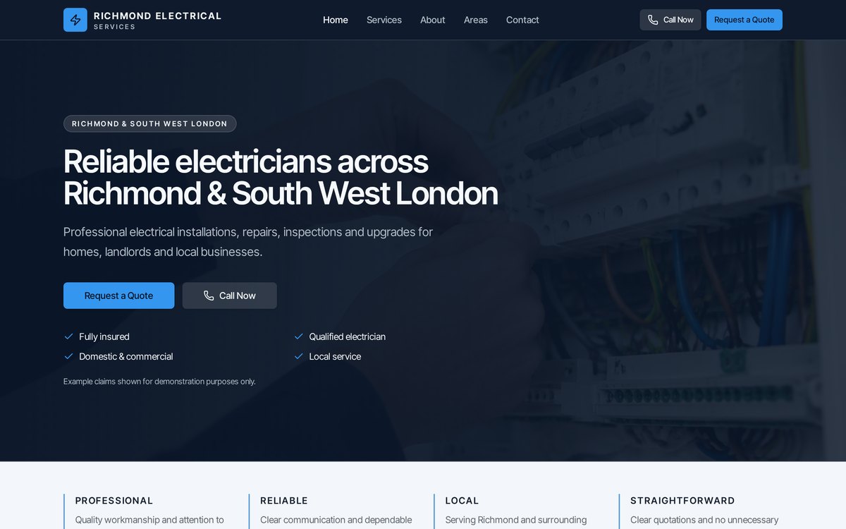 Preview of the Richmond Electrical Services demo website built by Jobsmith