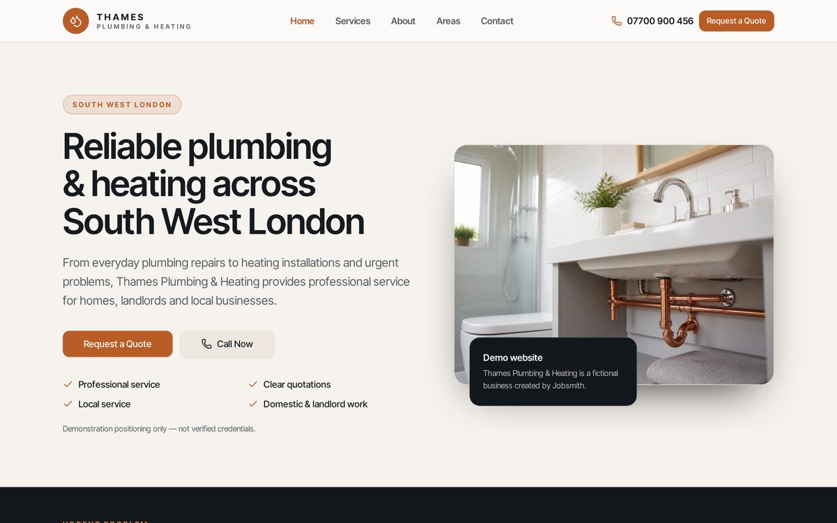 Preview of the Thames Plumbing & Heating demo website built by Jobsmith